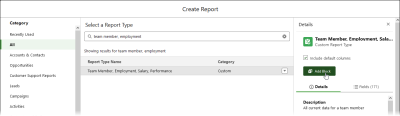 Screenshot showing crete report dialog with report type selected and Add Block selected